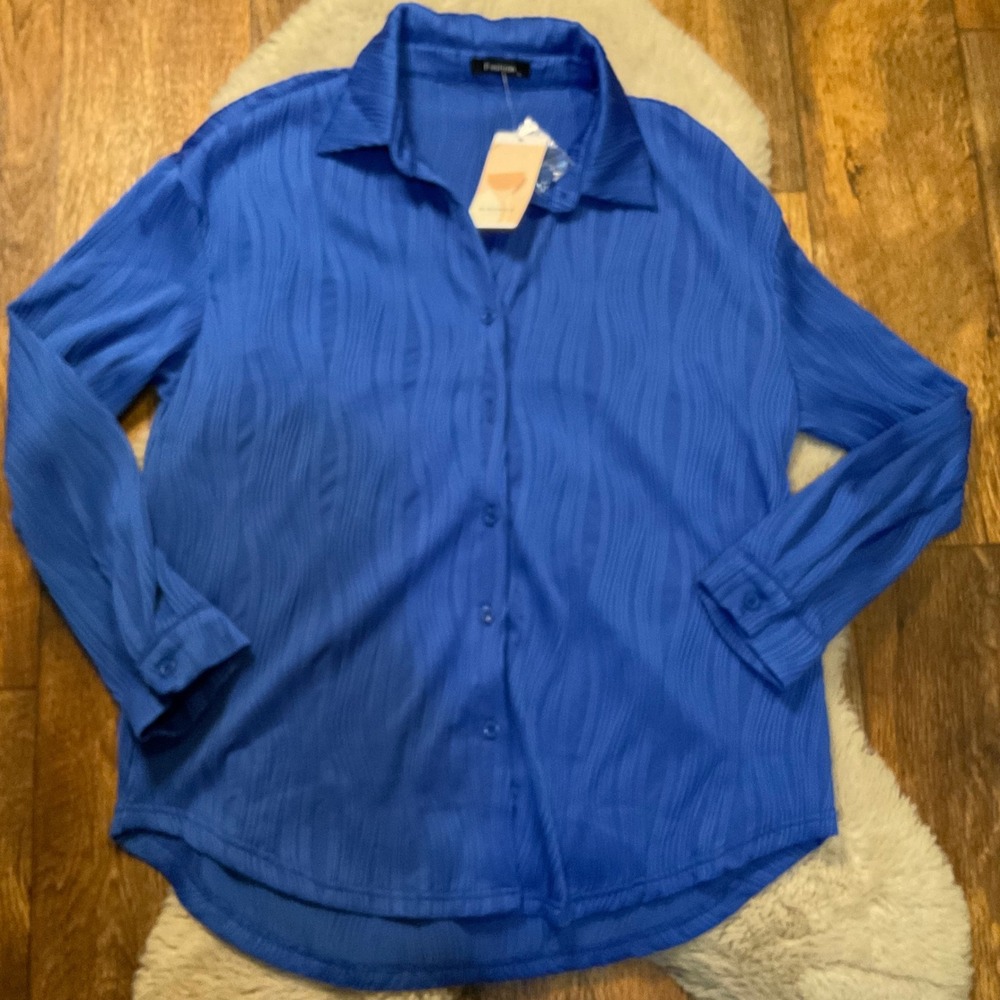 Kirundo Blouse Size Large Long Sleeve Wave Pattern Blue Button Front Womens NWT